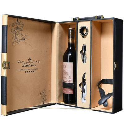 Caixa de presente preta da garrafa de vinho da garrafa da sublimação 2 do couro do ouro da placa com acessórios