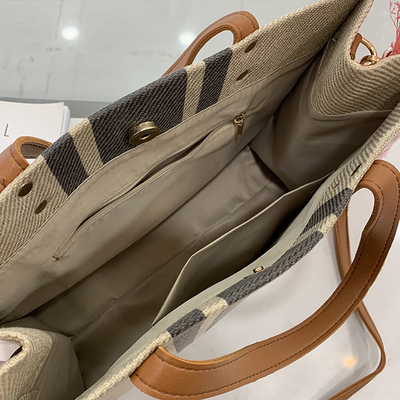 Lona de linho feita sob encomenda Tote Bag With Pocket do algodão do punho de couro vazio
